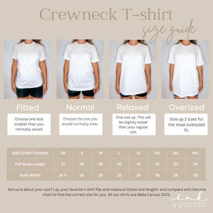 May include: Crewneck T-shirt size guide with four white t-shirts on models, illustrating fitted, normal, relaxed, and oversized fits. Includes a size chart in inches for XS to 4XL, detailing full body length and body width measurements. The text reads "ink & QUOTES."