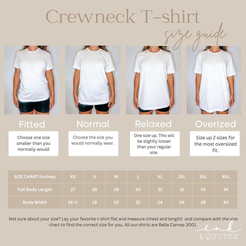 May include: Crewneck T-shirt size guide with four white t-shirts on models, illustrating fitted, normal, relaxed, and oversized fits. Includes a size chart in inches for XS to 4XL, detailing full body length and body width measurements. The text reads "ink & QUOTES."