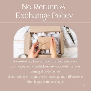 May include: Image with text: "No Return & Exchange Policy." A small, wrapped package is held inside an open cardboard box filled with packing peanuts. Text below states returns and exchanges are unavailable unless the order arrives damaged.