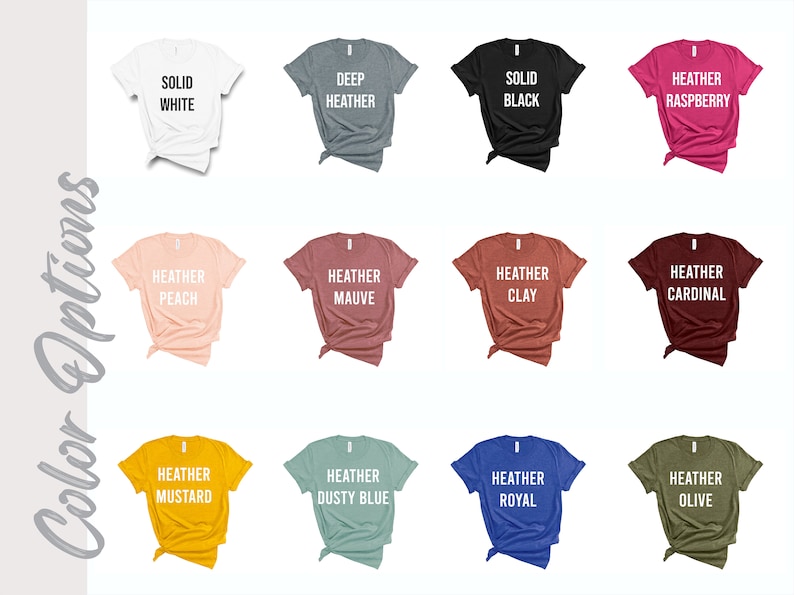 以下が含まれることがあります： Tシャツのカラーバリエーションは12色。色は、無地の白、濃いヘザー、無地の黒、ヘザーラズベリー、ヘザーピーチ、ヘザーモーブ、ヘザークレイ、ヘザーカーディナル、ヘザーマスタード、ヘザードスティーブルー、ヘザーロイヤル、ヘザーオリーブです。
