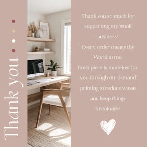 May include: A home office with a wooden desk, chair, and shelves. A computer, plant, and framed artwork are visible. Text on the right says "Thank you so much for supporting my small business!" and more.