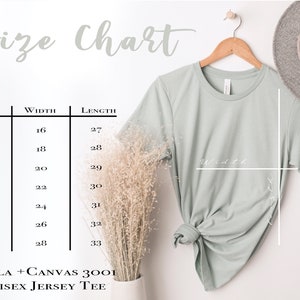 May include: Size chart for a unisex jersey tee shirt, showing width and length measurements in inches for sizes XS to 3XL. The chart is printed on a white background.