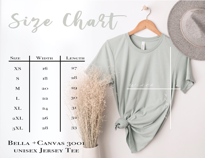 May include: Size chart for a unisex jersey tee shirt, showing width and length measurements in inches for sizes XS to 3XL. The chart is printed on a white background.