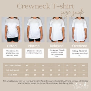 May include: Size chart for crewneck t-shirts with different fits: fitted, normal, relaxed, and oversized. The chart shows the full body length and body width in inches for sizes XS to 4XL.