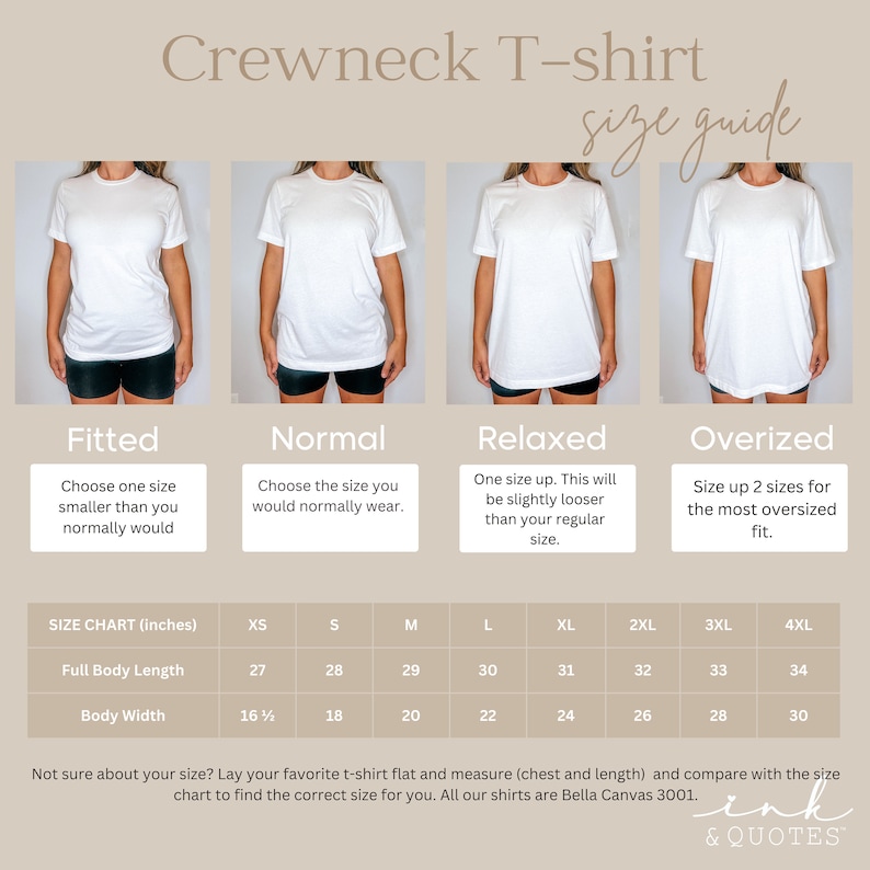 May include: Size chart for crewneck t-shirts with different fits: fitted, normal, relaxed, and oversized. The chart shows the full body length and body width in inches for sizes XS to 4XL.