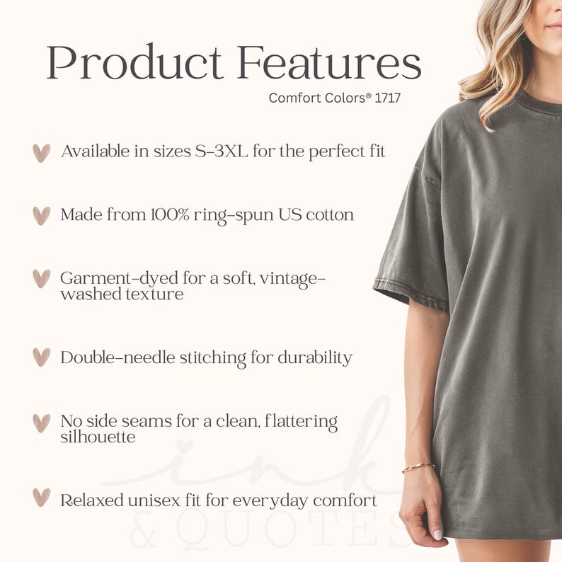 May include: A Comfort Colors 1717 t-shirt in a muted green color. The shirt features a relaxed unisex fit, double-needle stitching, and is made from 100% ring-spun US cotton. The garment is available in sizes S-3XL.