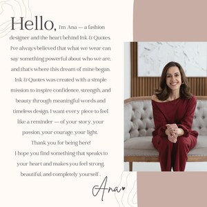 May include: The image features text that reads "Hello, I'm Ana - a fashion designer and the heart behind Ink & Quotes." A woman in a maroon outfit is seated on a gray sofa. The text describes the brand's mission to inspire confidence and beauty.