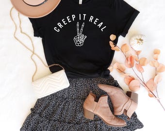 Creep It Real Skeleton Hand Halloween Graphic Tee