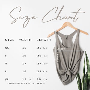 May include: Size chart for a tank top with measurements in inches. The chart shows the width and length of the tank top in sizes XS, S, M, L, and XL.