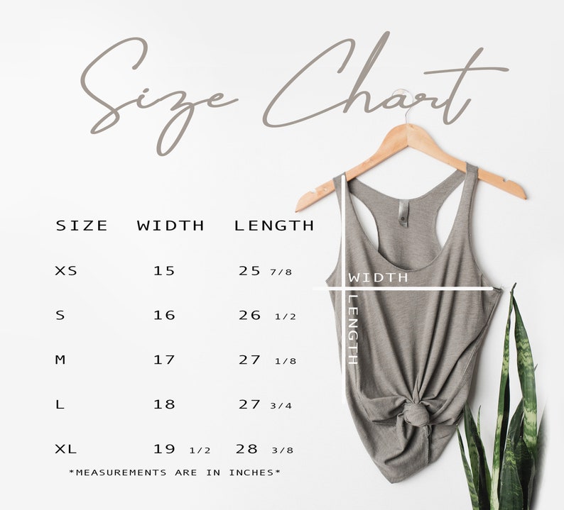 May include: Size chart for a tank top with measurements in inches. The chart shows the width and length of the tank top in sizes XS, S, M, L, and XL.