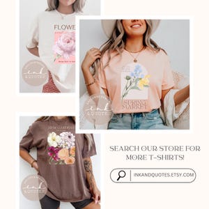 May include: A collection of t-shirts featuring floral designs. One shirt is beige with a pink rose and the text "FLOWE". Another is peach with blue and yellow flowers and the text "SPRING MARKET". A third shirt is brown with various flowers and the text "NEW GARDENS".