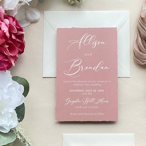 Blush Wedding Invitations, Mauve Wedding Invitations, Rustic Wedding Invitations, Minimalist Wedding Invitations, Deckle Edge Wedding Invite image 1