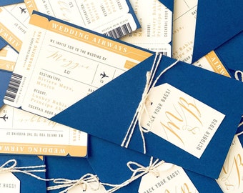 Gold Wedding Invitations, Boarding Pass Wedding Invitation, Destination Wedding Invitations, Navy and Gold Invitations, Travel Theme Invites