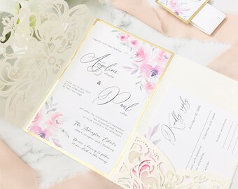 Blush Pink Wedding Invitations, laser cut blush pink gold elegant wedding invitation, elegant laser cut card blush and gold, bridal shower