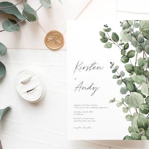 Faire-part de mariage simple avec de la verdure, faire-part de mariage eucalyptus, faire-part de mariage rustique, faire-part de mariage bohème, faire-part de mariage