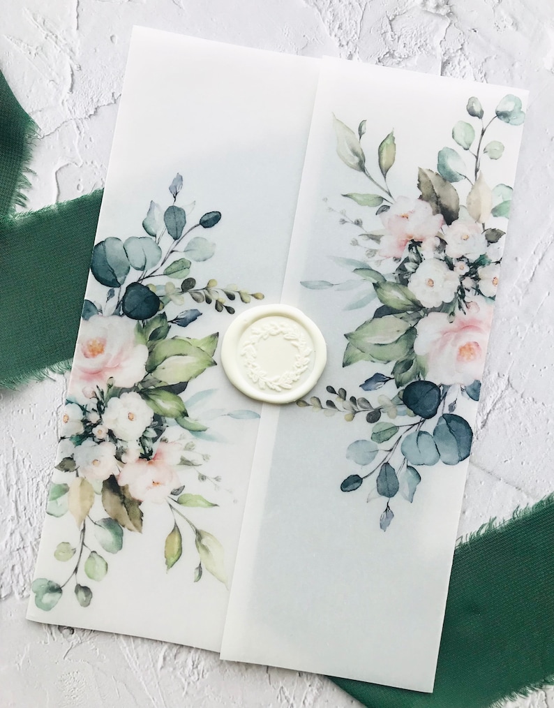 Vellum Wrap with Greenery for Wedding Invitations Vellum Wrap Vellum Jacket with Greenery and Blush Floral Vellum Wrap ONLY image 1