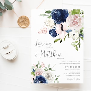 Navy and Blush Wedding Invitations, Custom Wedding Invitations, Pink and Blue Wedding Invitations, Floral Wedding Invitations