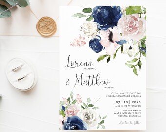 Navy and Blush Wedding Invitations, Custom Wedding Invitations, Pink and Blue Wedding Invitations, Floral Wedding Invitations