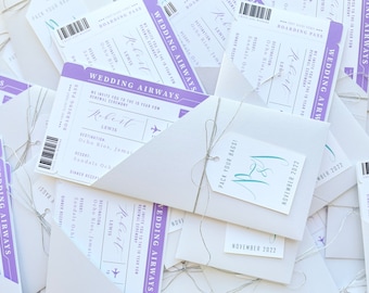 Lavender Wedding Invitations, Destination Wedding Boarding Pass Invitations, Lilac Wedding Invitations, Tropical Theme Wedding Invitation