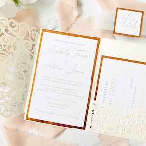 Ivory Wedding Invitations, Copper Invitations, laser cut pocket wedding invitation, elegant laser cut card, ivory and copper invitations