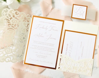 Ivory Wedding Invitations, Copper Invitations, laser cut pocket wedding invitation, elegant laser cut card, ivory and copper invitations