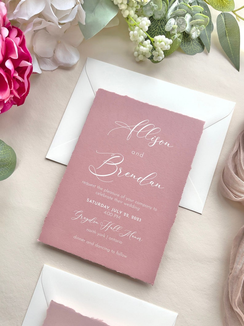 Blush Wedding Invitations, Mauve Wedding Invitations, Rustic Wedding Invitations, Minimalist Wedding Invitations, Deckle Edge Wedding Invite image 2