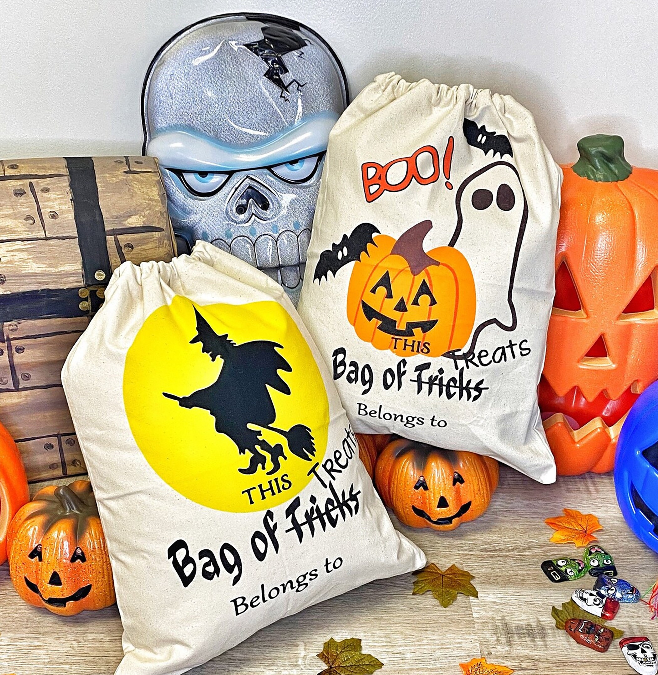 Koudindg Halloween Canvas Tote Bag - Reusable Trick Or Treat Bag With Pumpkin & Ghost Designs (15.75x14.96 Inches)