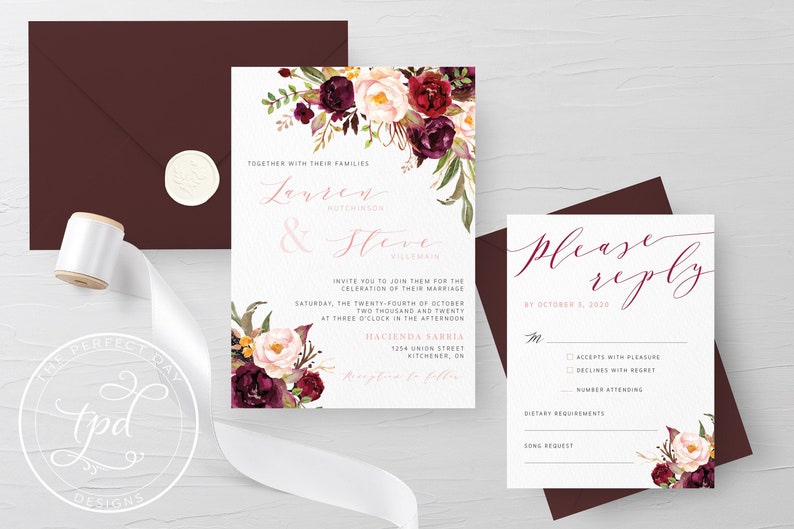 Wedding Invitation Rustic Wedding Invitation Burgundy Etsy Canada