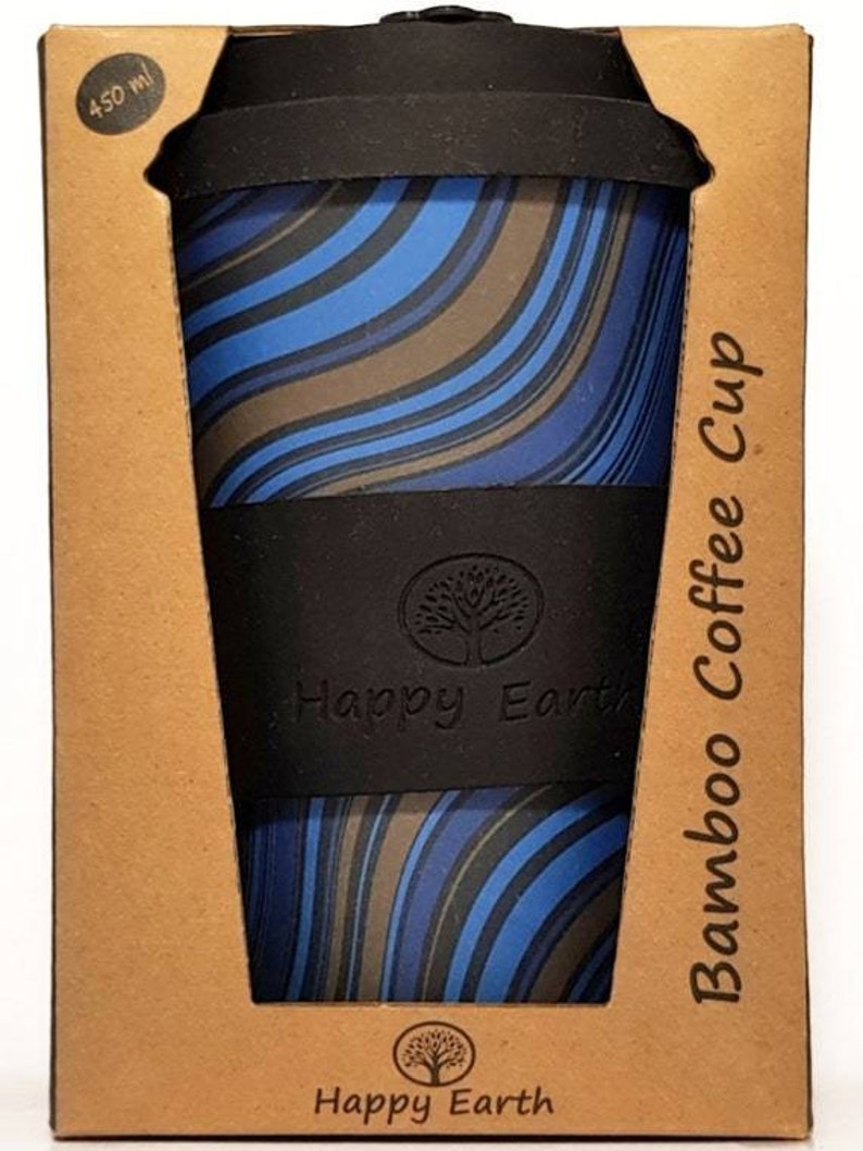 WAVESTRIPE by Happy Earth Reusable Eco-Friendly Coffee Cup 450ml Made of Natural Bamboo Fibre can be used as travel mug or home coffee mug image 2