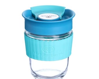 Vitality M (Lustre) de Happy Earth (540 ml, taza de viaje de vidrio de borosilicato con funda de silicona y tapa a prueba de salpicaduras, sin BPA)