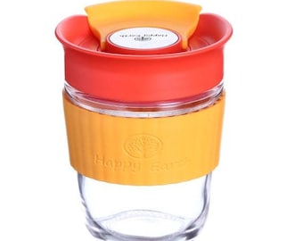 Relish M (Lustre) de Happy Earth (350 ml, taza de viaje de vidrio de borosilicato con funda de silicona y tapa a prueba de salpicaduras, sin BPA)