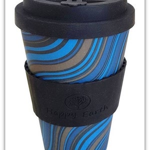 WAVESTRIPE by Happy Earth Reusable Eco-Friendly Coffee Cup 450ml Made of Natural Bamboo Fibre can be used as travel mug or home coffee mug image 1