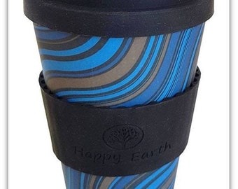 WAVESTRIPE de Happy Earth (Taza de Café Reutilizable Ecológica 450ml Hecha de Fibra de Bambú Natural se puede usar como taza de viaje o taza de café para el hogar)