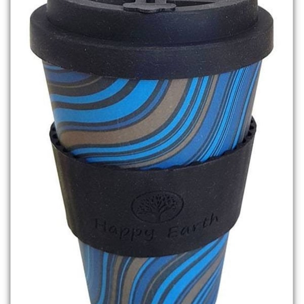 WAVESTRIPE by Happy Earth (Reusable Eco-Friendly Coffee Cup 450ml Made of Natural Bamboo Fibre can be used as travel mug or home coffee mug)