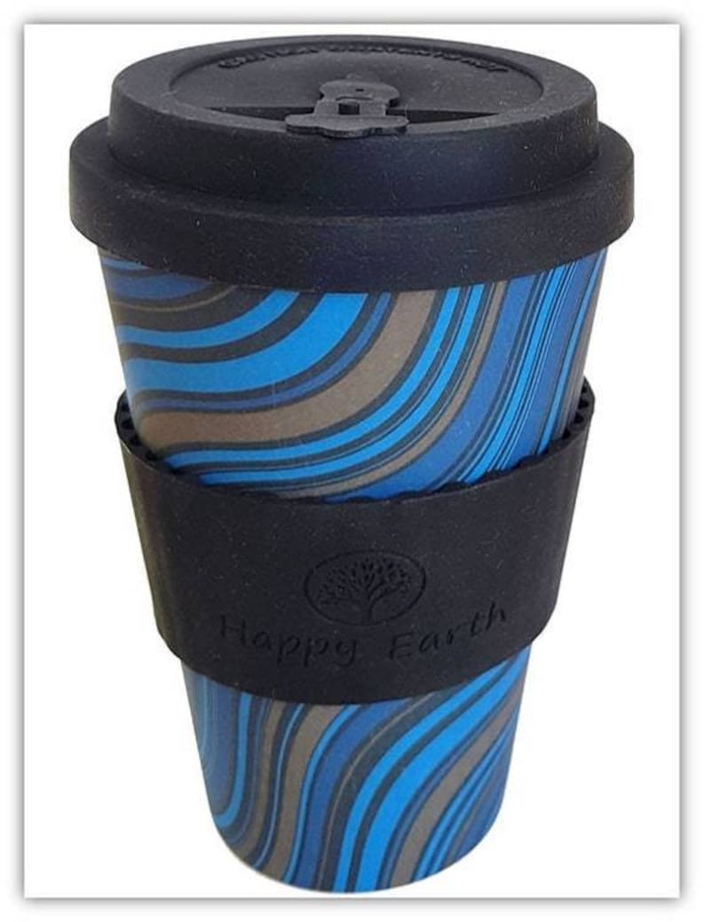 WAVESTRIPE by Happy Earth Reusable Eco-Friendly Coffee Cup 450ml Made of Natural Bamboo Fibre can be used as travel mug or home coffee mug image 1
