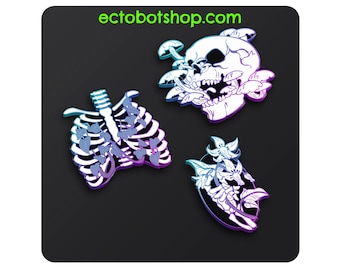 Rainbow Anodized Goth Skull Enamel Pins – Iridescent Dark Botanical Pins, Skeleton Mushroom Witchy Aesthetic, Alt Gift