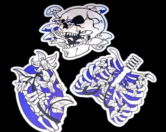 Dark Botanical Sticker Set – Holographic Skull Mushroom Ribcage Stickers, Witchy Cottagecore Goth Vinyl Sticker Pack