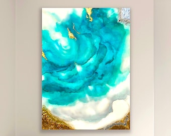 Sold! Original Abstract Turquoise and Gold. Made with Acrylics, Inks, Silver & Gold Leaf and Precious Gems. Coated with Resin