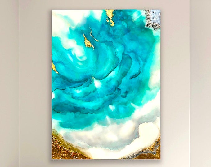 Sold! Original Abstract Turquoise and Gold. Made with Acrylics, Inks, Silver & Gold Leaf and Precious Gems. Coated with Resin