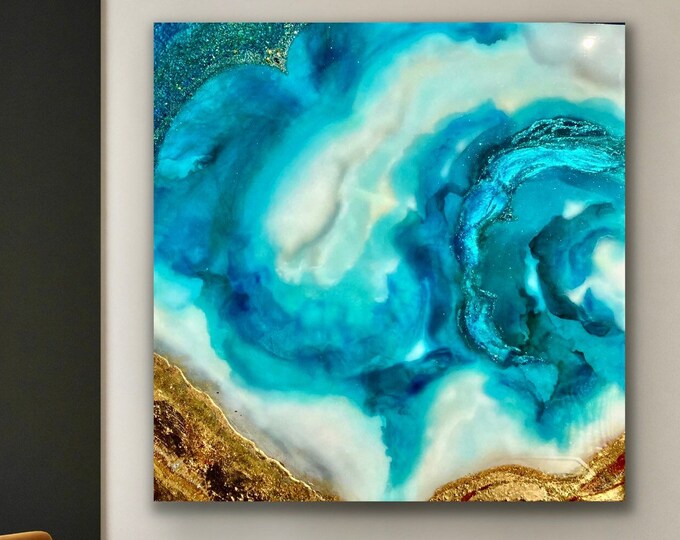 Sold! Original Abstract Teal and Gold.  Acrylics, Inks, 3D Silver & Gold Leaf and Swarovski Crystals.  Coated with Resin