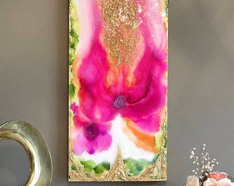 Sold! Original Abstract Floral Resin Painting 36" x 12". Acrylics and Inks, Gold Leaf, Swarovski Crystals. Coated with Resin.