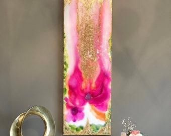 Made to Order! Original Abstract Floral Resin Painting 36" x 12". Acrylics and Inks, Gold Leaf, Swarovski Crystals. Coated with Resin.
