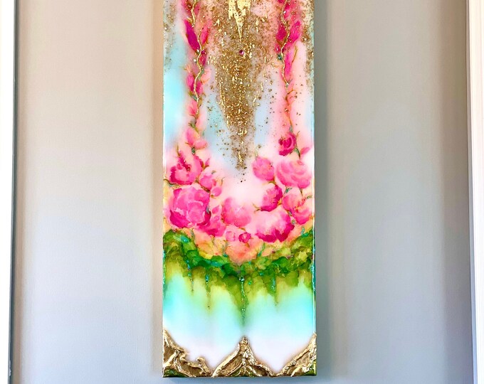 Made to Order! Original Abstract Floral Resin Painting. Acrylics and Inks, Gold Leaf, Swarovski Crystals. Coated with Resin