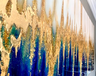 Sold!  Large Painting Royal Blue and Gold. Acrylic, Ink, Gold Leaf, Swarovski Crystals and Gemstones. Coated with  Resin.