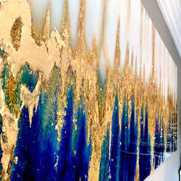 Sold!  Large Painting Royal Blue and Gold. Acrylic, Ink, Gold Leaf, Swarovski Crystals and Gemstones. Coated with  Resin.