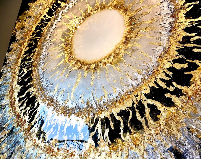 Sold! Original Abstract Painting. Sunburst Black and Gold Wall Art. Gold Leaf, Silver Leaf, & Swarovski Crystals Coated with Resin