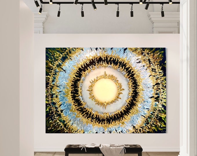 Made to Order: Original Abstract Painting. Sunburst Black and Gold Wall Art. Gold Leaf, Silver Leaf, & Swarovski Crystals Coated with Resin