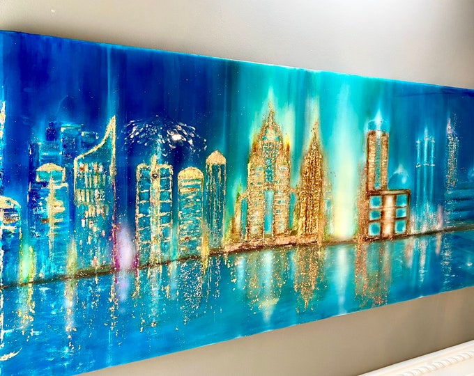 Sold! Cityscape Wall Art. Original Artwork Made with Gold and Silver Leaf, Swarovski Crystals and Precious Stones.