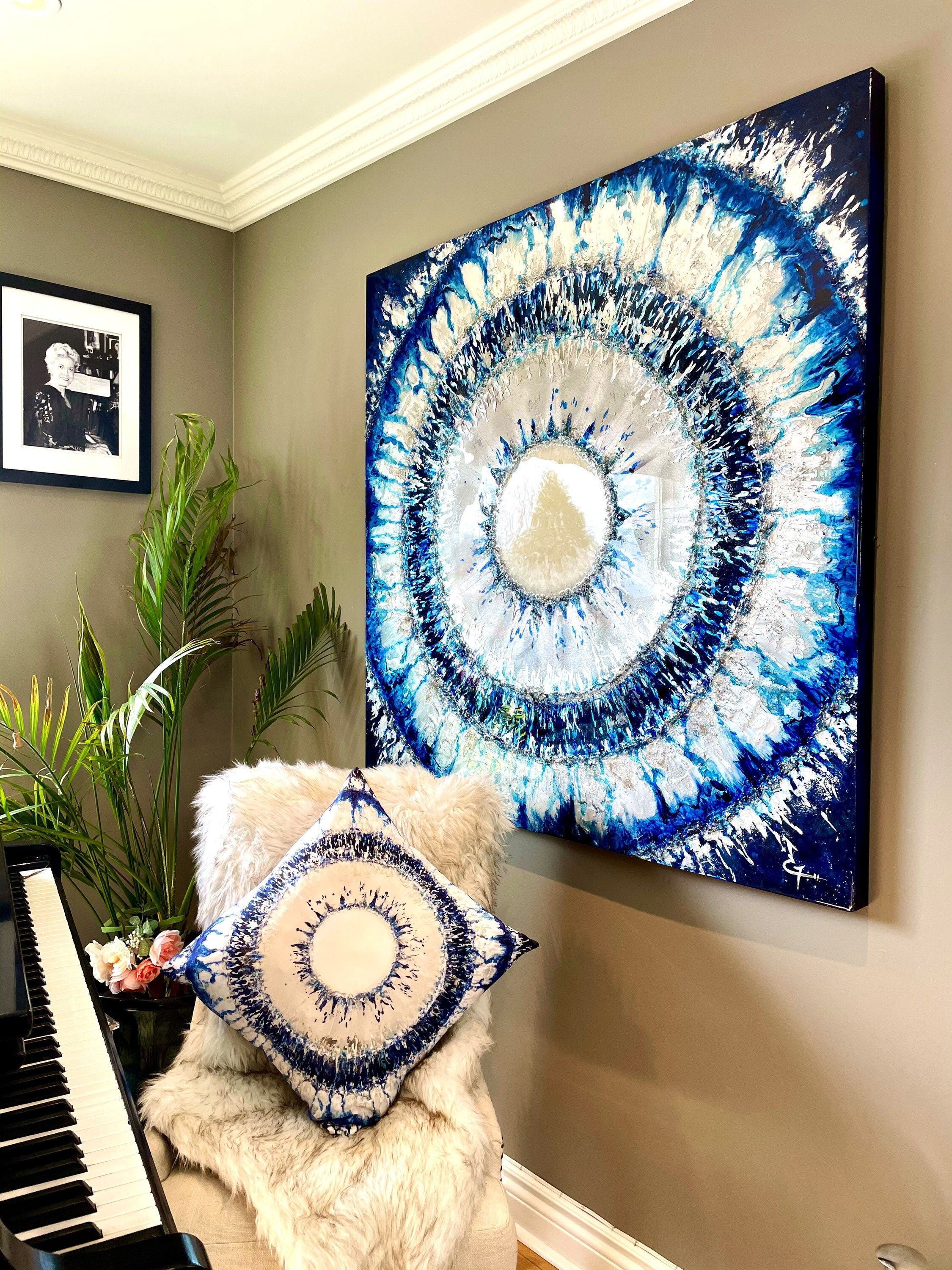 Original Large Abstract Painting. Blue and Silver Wall Art. Silver Leaf