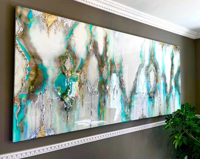 Sold ! Abstract Wall Art. Turquoise and Grey Artwork. Acrylic, Ink, Silver Shards, Silver & Gold Leaf, Gemstones. Coated with Resin